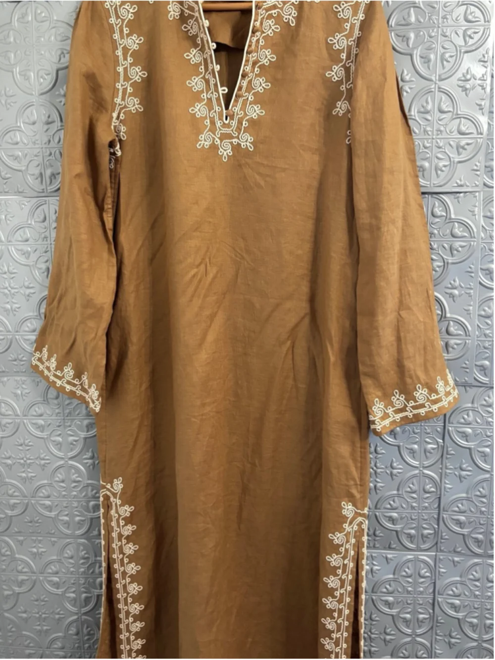 Tory Burch Maxi Dress Embroidered Linen Long Dark Tan Beige Kaftan Designer